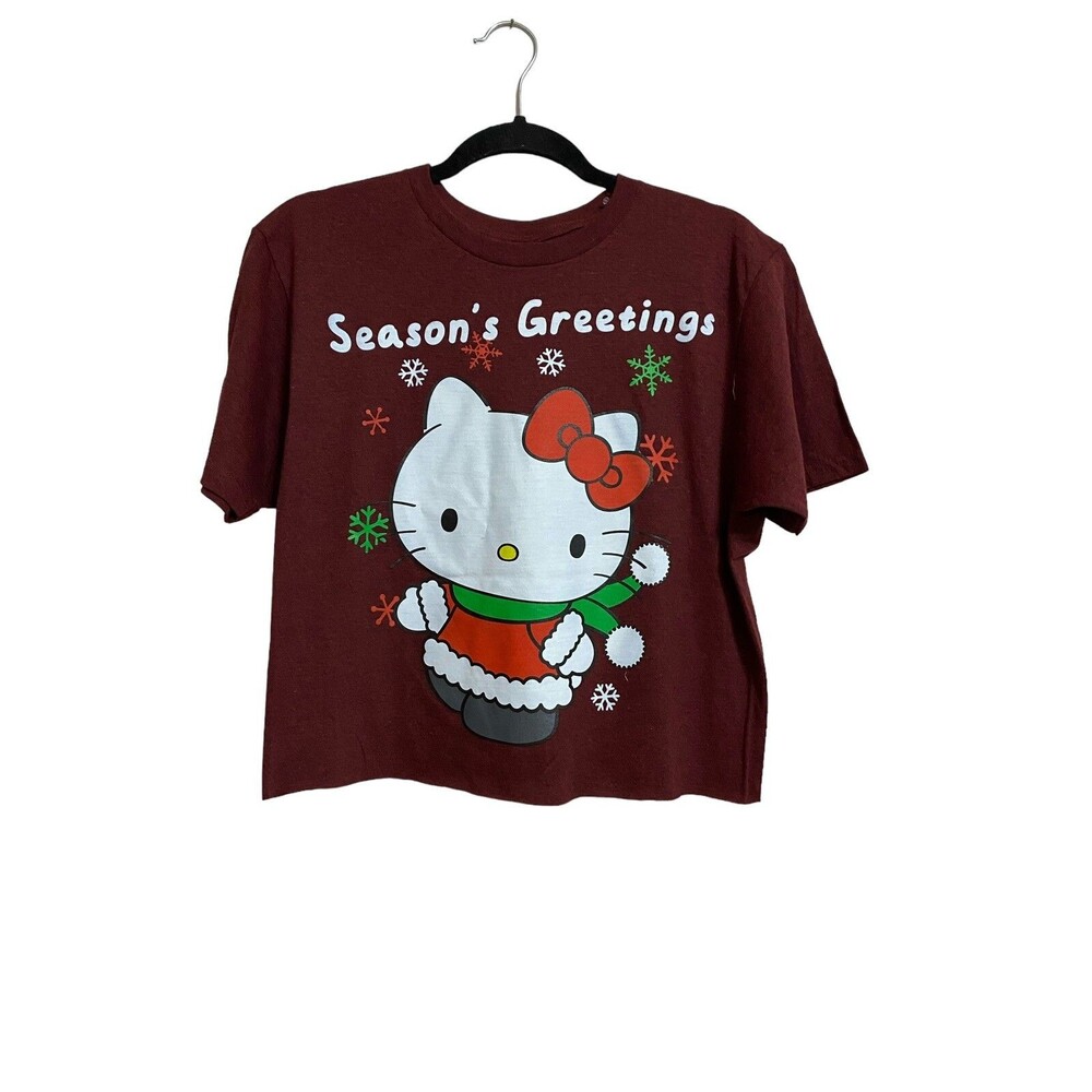 Sanrio Hello Kitty Christmas Cropped Graphic T-Shirt M Burgundy